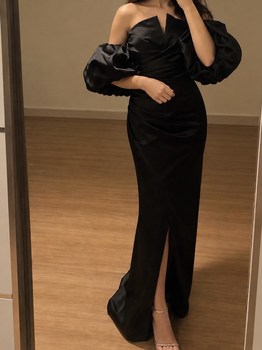 Off-Shoulder Black Satin Asymmetrical Evening Dress